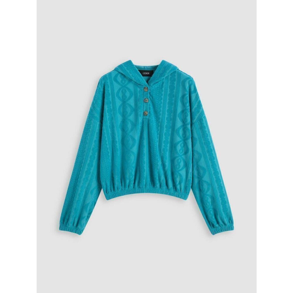 Cider Velour Oversized Debossed Cable Knit 1/4 Button Hoodie Teal Sz. Sm.